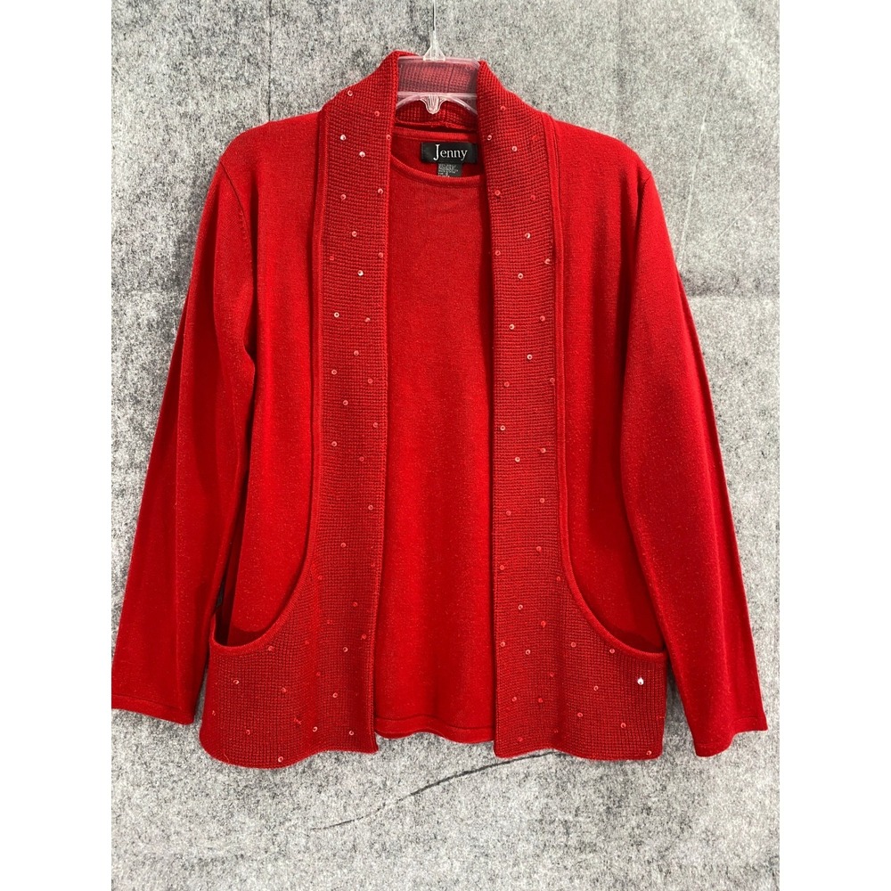 Jenny Red Knit Twinset Sequin Cardigan Shell Set Holiday Party‎ Sweater Small